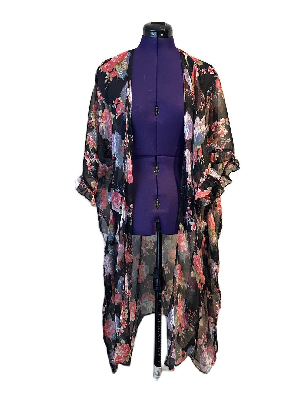 Betsey Johnson Black Sheer Pink Floral Kimono Duster Sweater